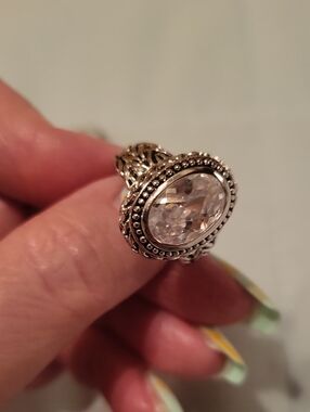 Sterling-Style Silver Oval Crystal Statement Ring - Clear